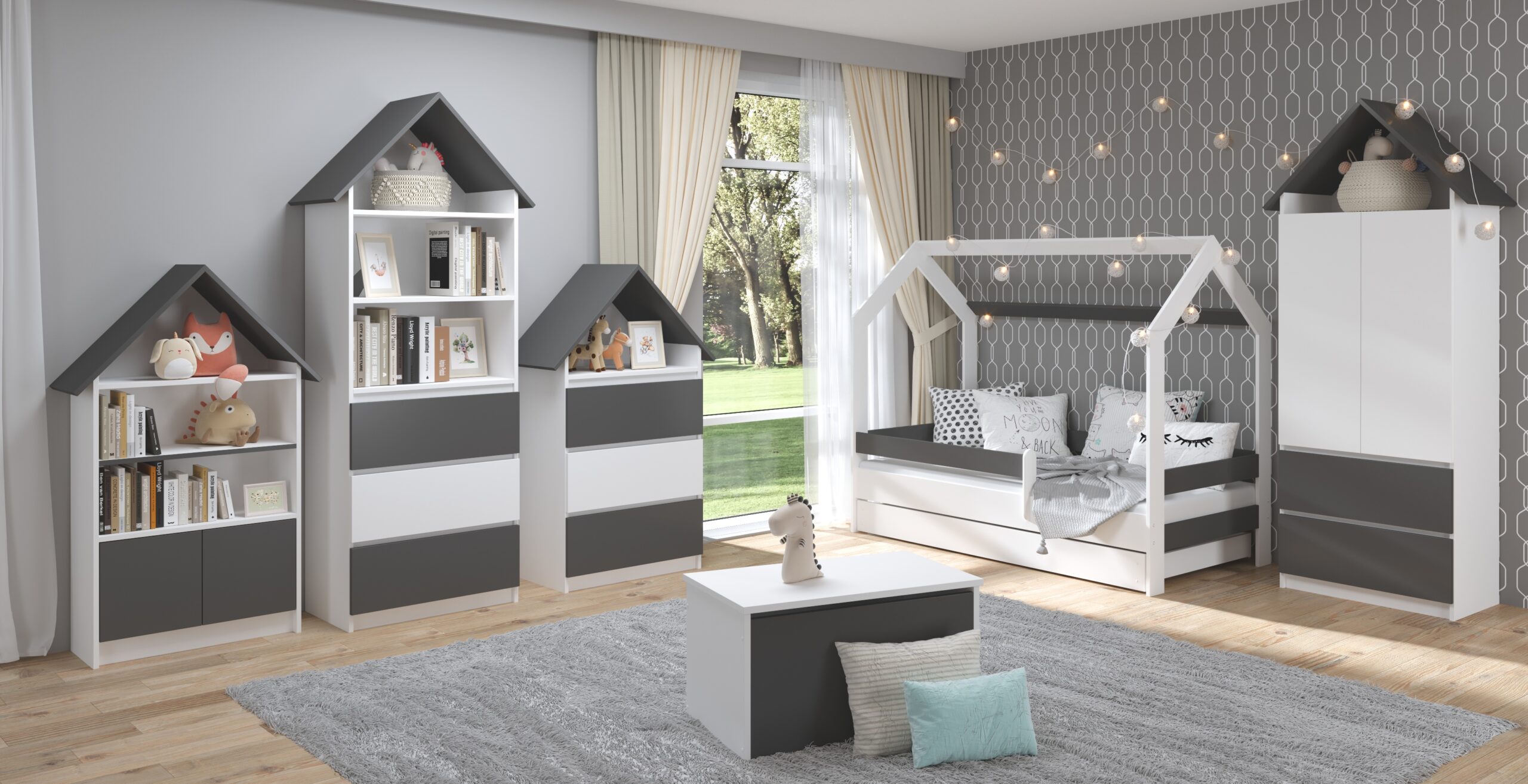 Házikós Montesori fehér- grafit gyerekszoba Házikós Montesori fehér- grafit gyerekszoba