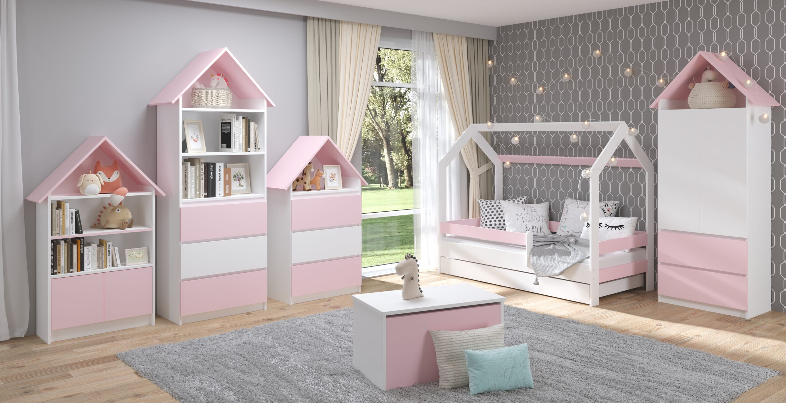 Házikós Montesori fehér-pink gyerekszoba