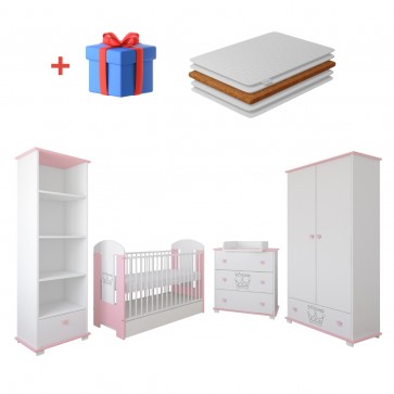 Rózsaszín-fehér babaszoba bútor szett kislányoknak – Hercegnő kollekció, babaágy, komód, szekrény és állópolc, ajándék kókuszmatraccal