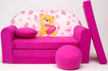 Plüss nyitható gyerekkanapé H3 – pink, maci mintával, puffal és párnával 
